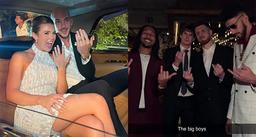 「禿曼巴」Alex Caruso 大婚隊友幽默搞事，隊友秀出無名指表達「無婚萬歲」、Chet 身穿毒梟西裝出席！